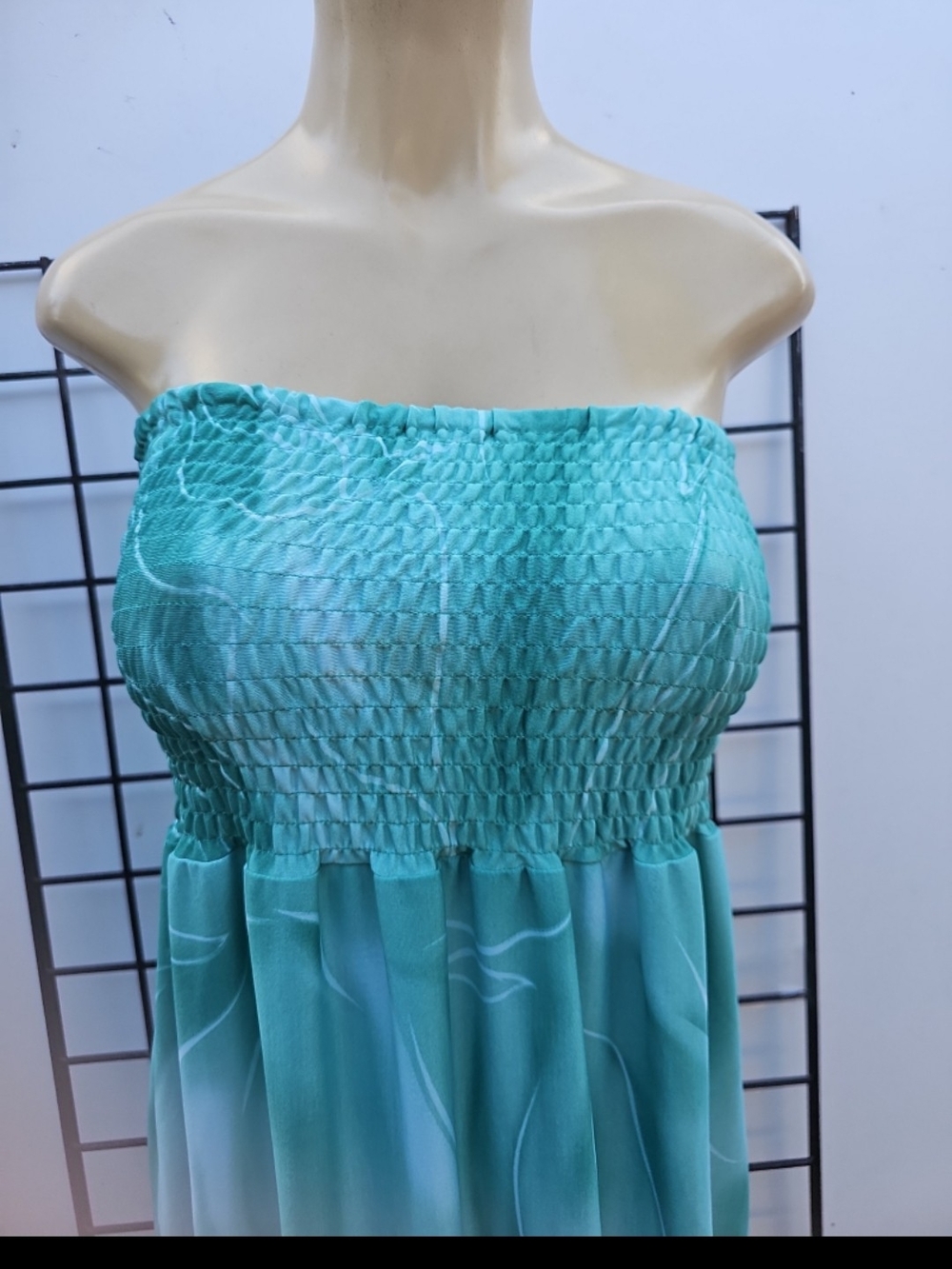 S.L. Fashions Strapless Aqua Maxi Dress with Orange Floral Print - Picture 2 of 5